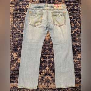 True Religion Billy Super T Distressed Bootcut Blue Jean Yellow/Green Stitching